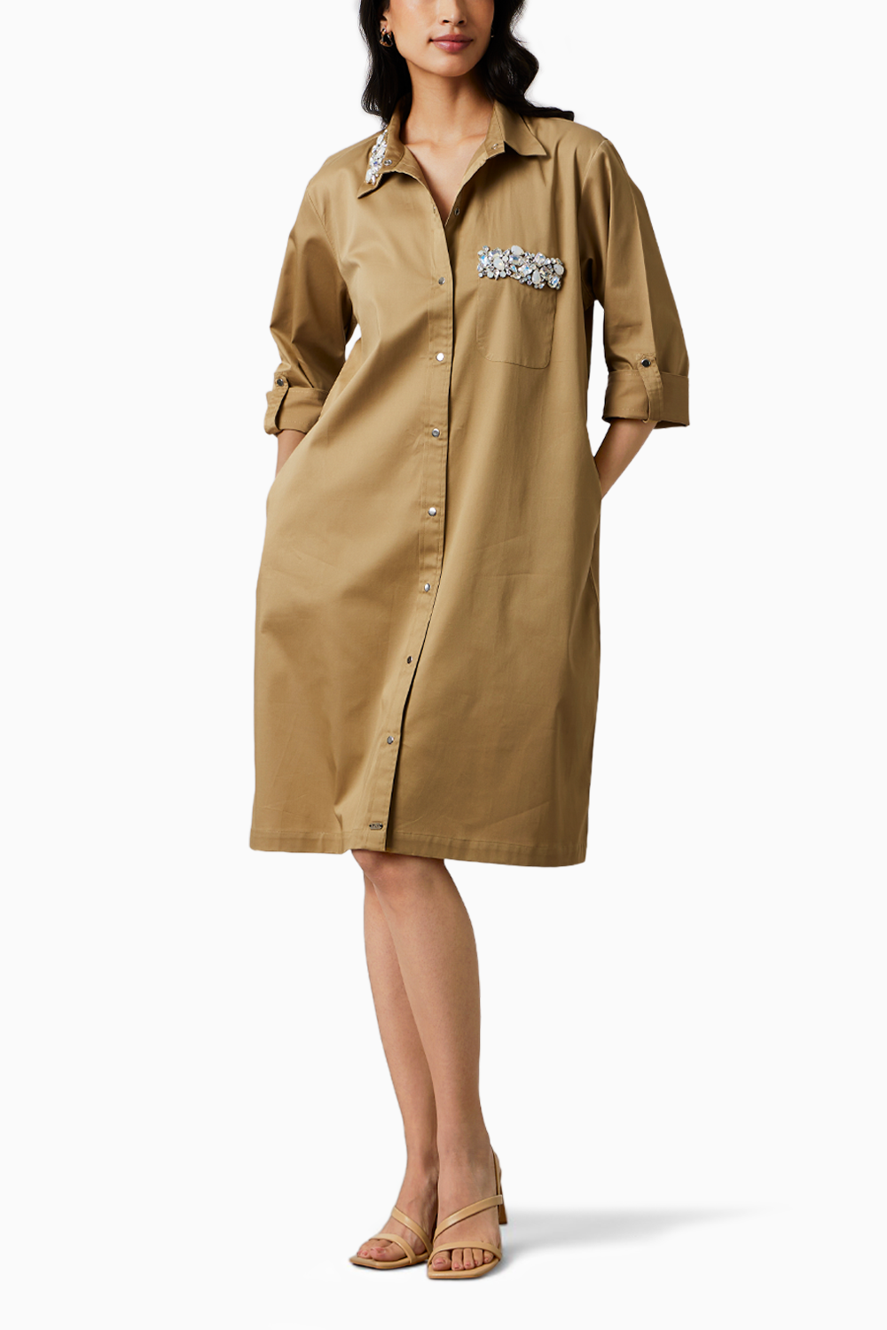 Sand Collar Pocket Swarovski Shirt Dress