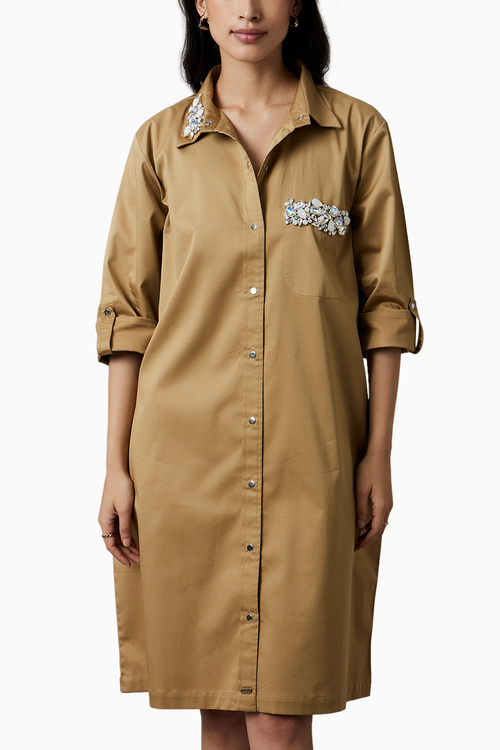 Sand Collar Pocket Swarovski Shirt Dress