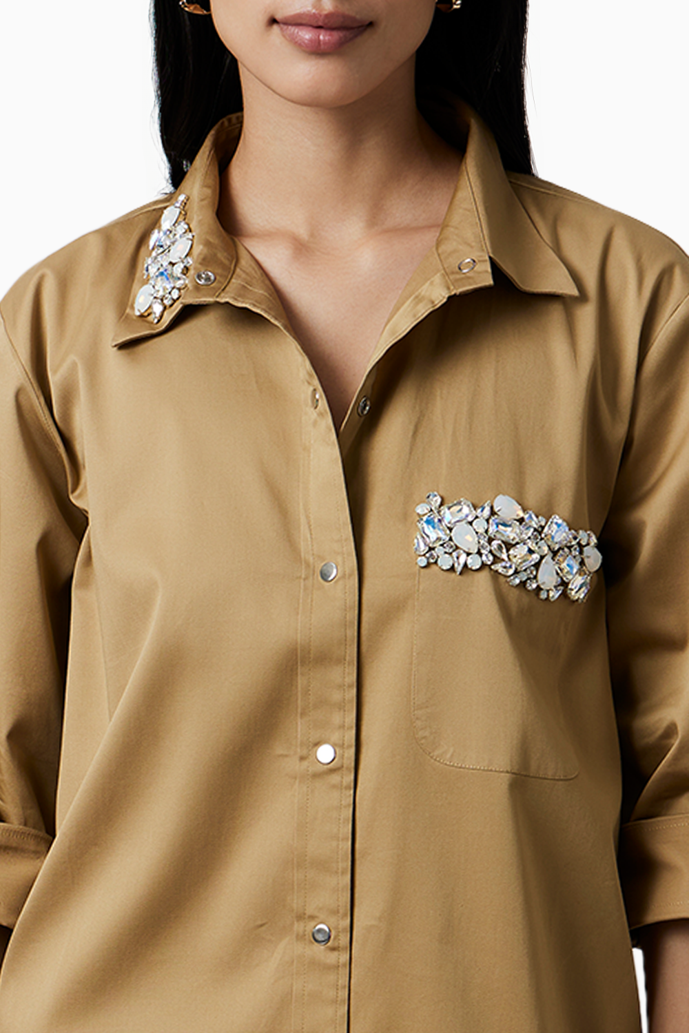 Sand Collar Pocket Swarovski Shirt Dress