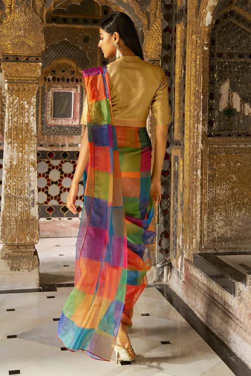 Multicolour Check Sari Drape Skirt Set