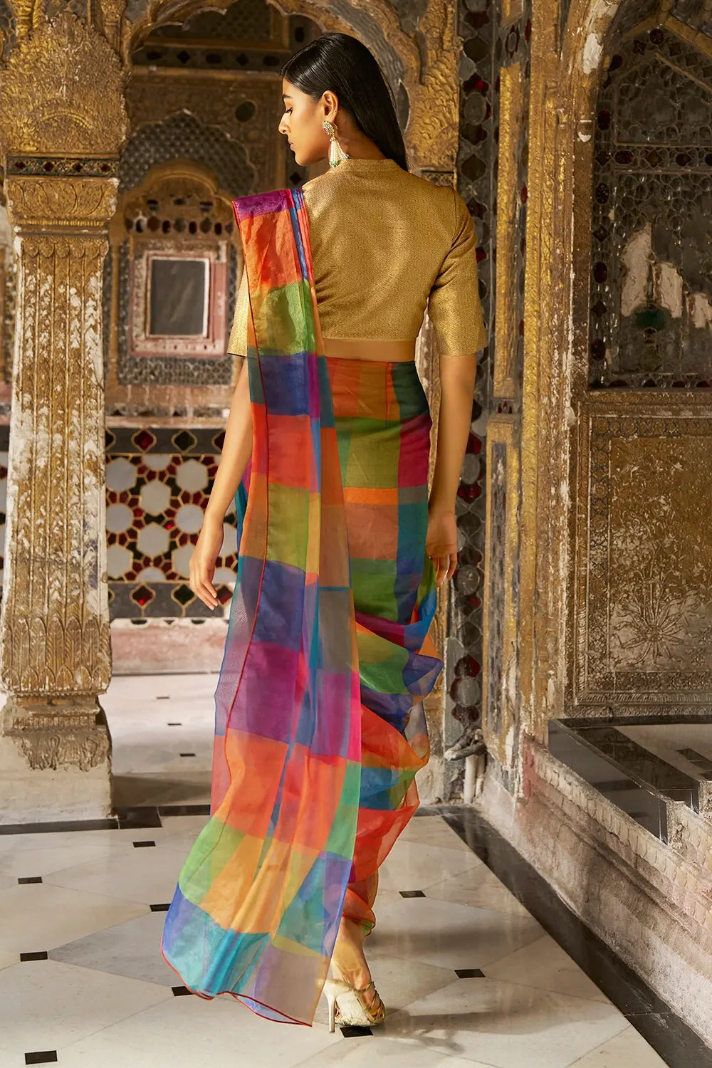 Multicolour Check Sari Drape Skirt Set