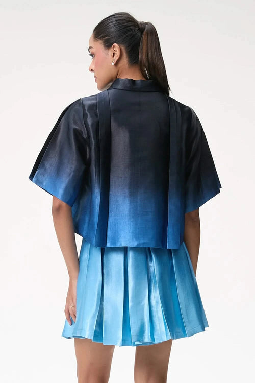 Blue Ombré Box Pleat Short Skirt