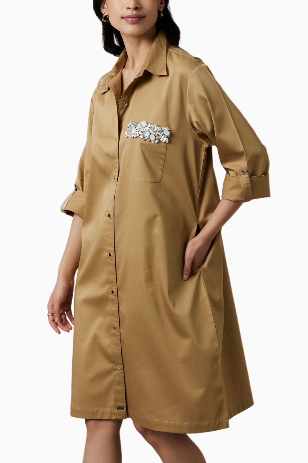 Sand Collar Pocket Swarovski Shirt Dress