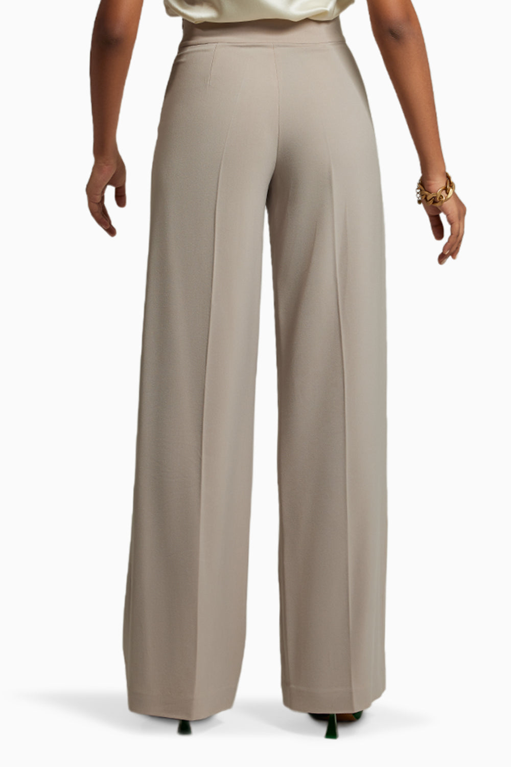 Beige Stretch Suiting  Wide-Leg Trousers