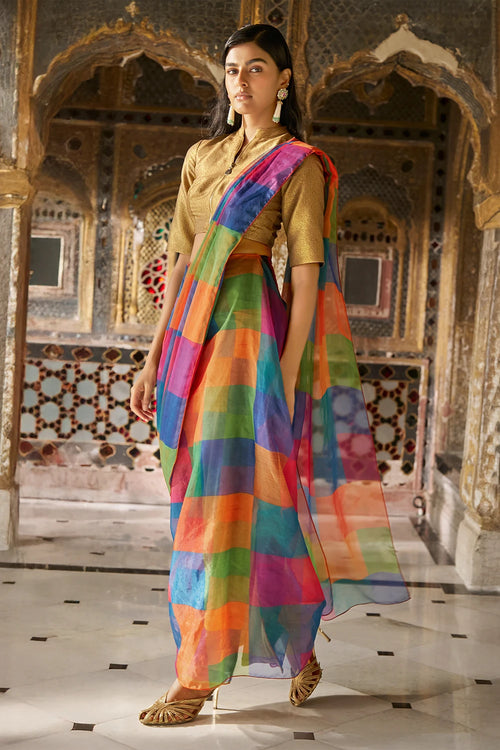 Multicolor Check Organza Sari Drape Skirt