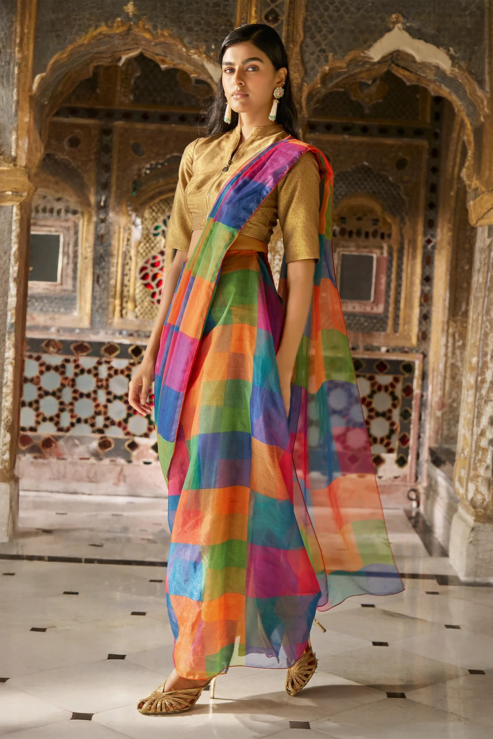 Multicolor Check Organza Sari Drape Skirt