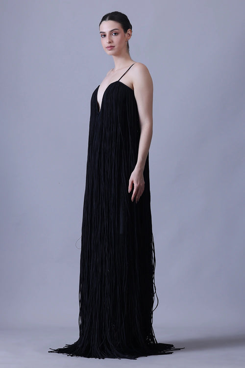 Elegant Black Strappy Gown Featuring Layered Fringe