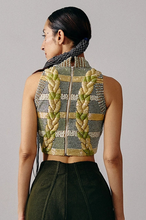 3D Knit Mesh Striped Crop Top