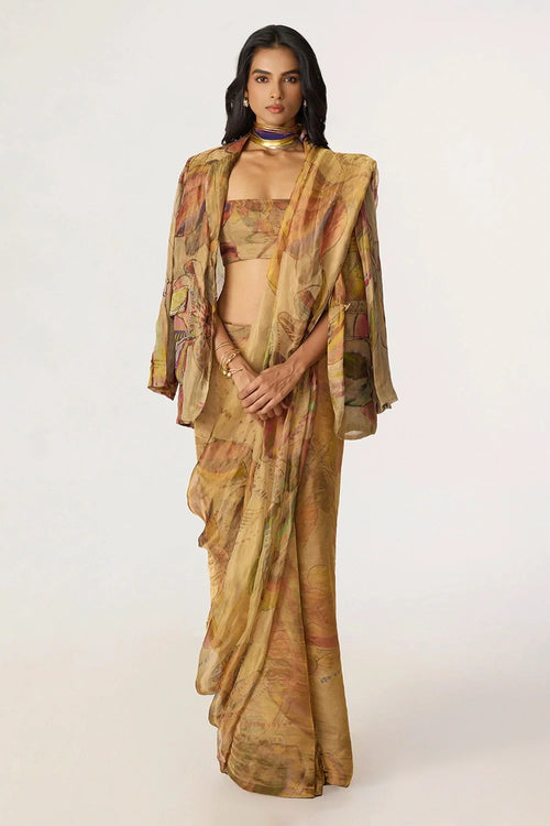 Gold Micah Blazer With Gold Agatha Sari With Gold Malaika Blouse