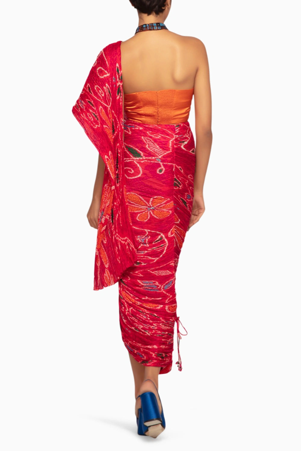 Orange Bandhani Silk Blouse with Pleated Sari