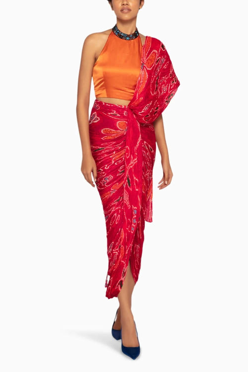 Orange Bandhani Silk Blouse with Pleated Sari