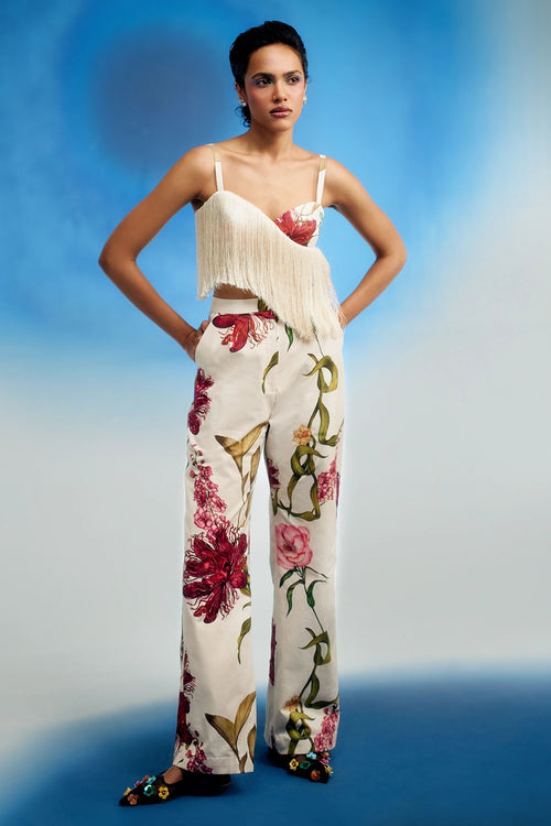 Assymetric Fringe Bralette And Pants Set