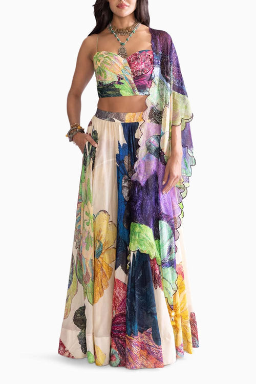 Bluey Printed Blouse with Scallop Green Dupatta and Magnolia Lehenga