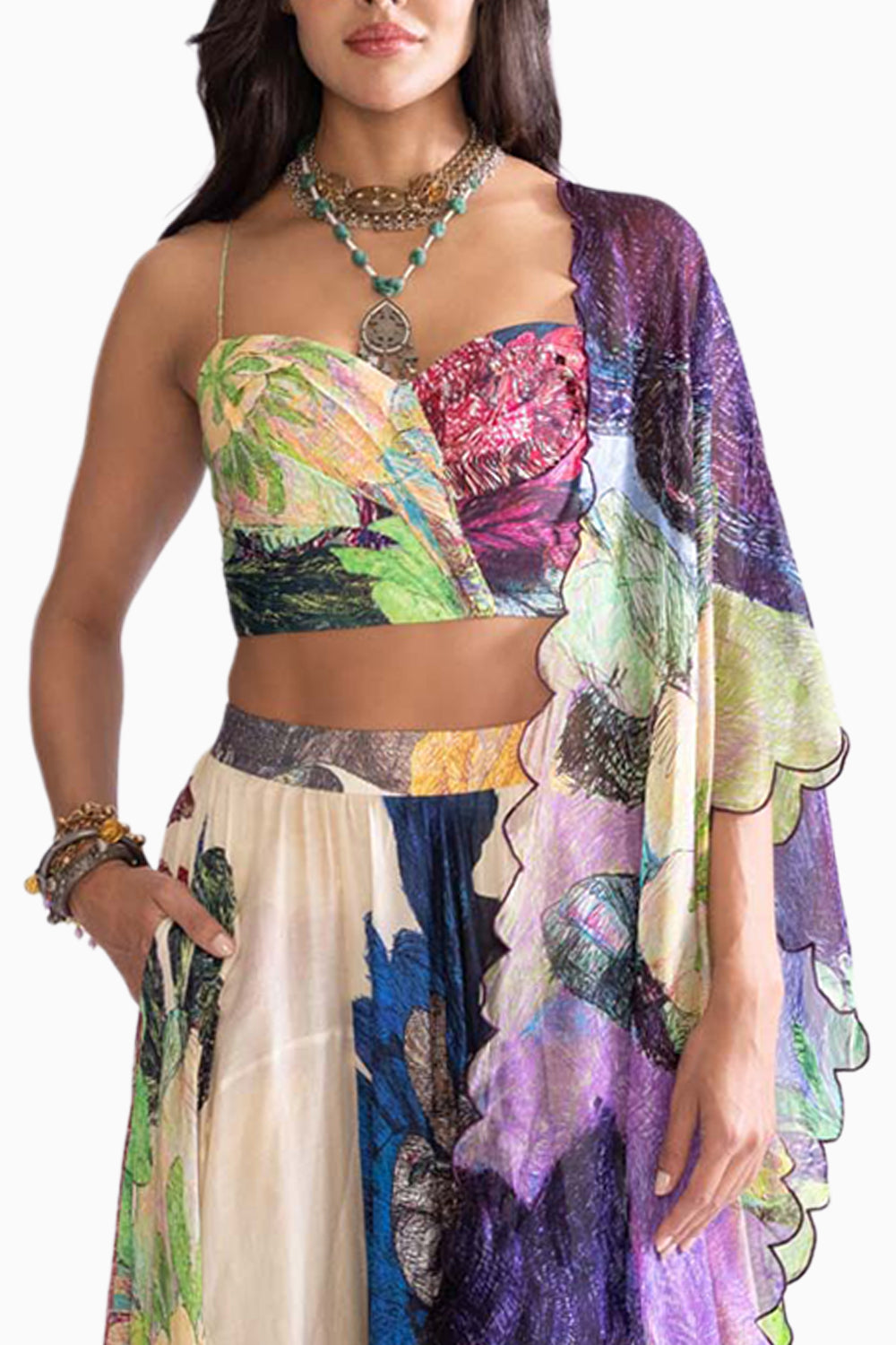 Bluey Printed Blouse with Scallop Green Dupatta and Magnolia Lehenga