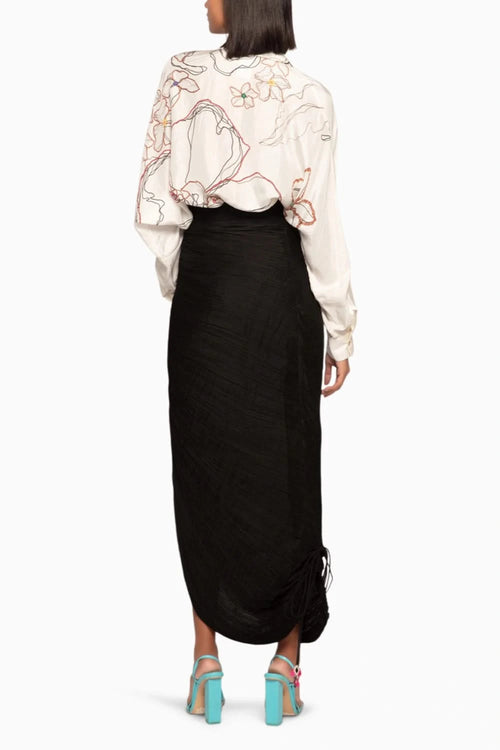 Ivory Floral Batwing Shirt and Pleated Skirt Set