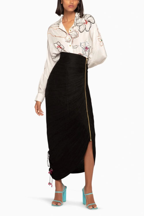 Ivory Floral Batwing Shirt and Pleated Skirt Set