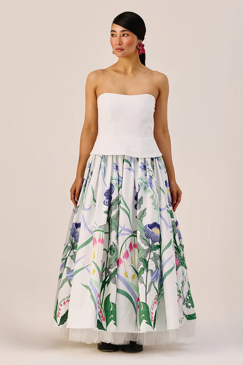 White Floral Strapless Maxi Dress