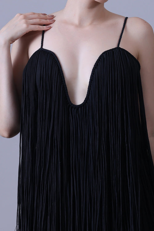Elegant Black Strappy Gown Featuring Layered Fringe