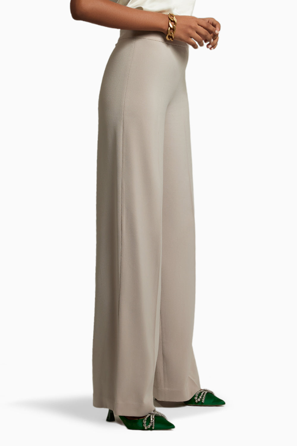 Beige Stretch Suiting  Wide-Leg Trousers