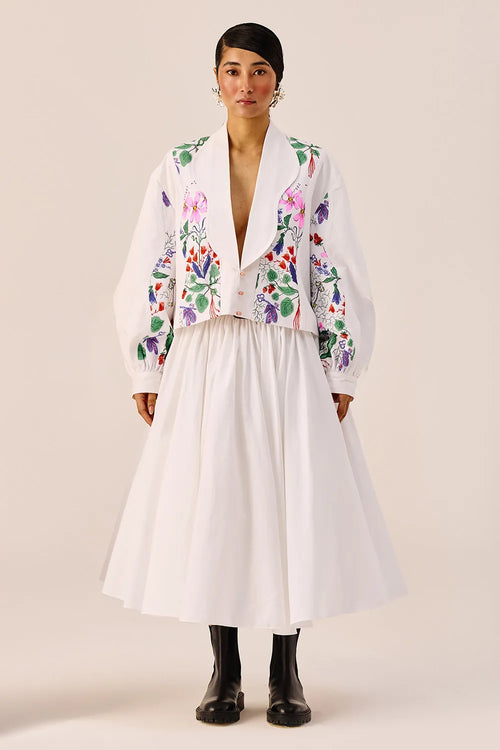 White Floral Jacket And Midi Skirt Set
