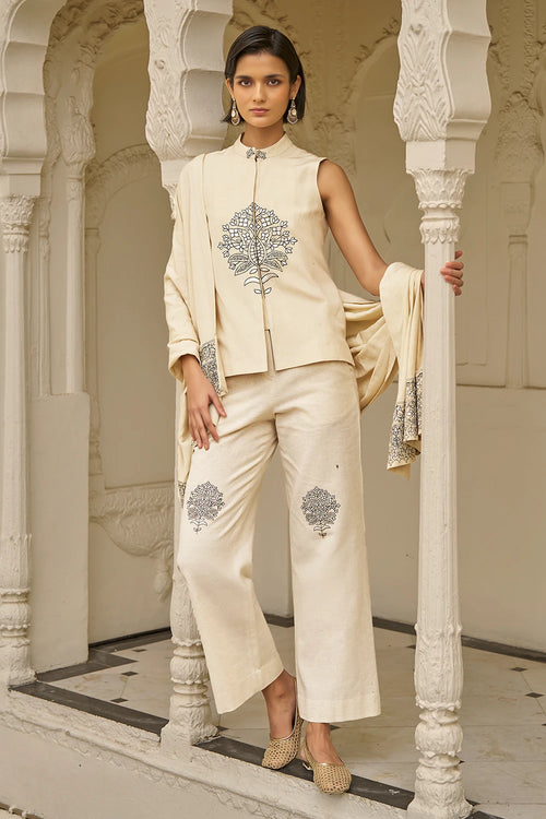 Beige Motif Pant Set With Shawl