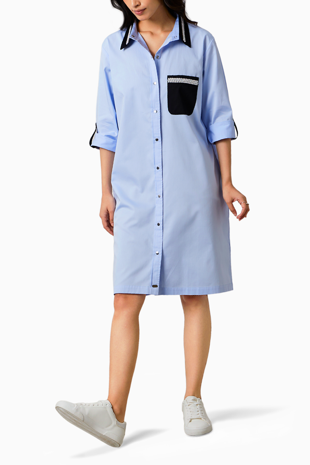 Skyblue Pearl Collar Pocket Shirt Dress