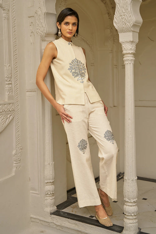 Beige Motif Linen Pant Set