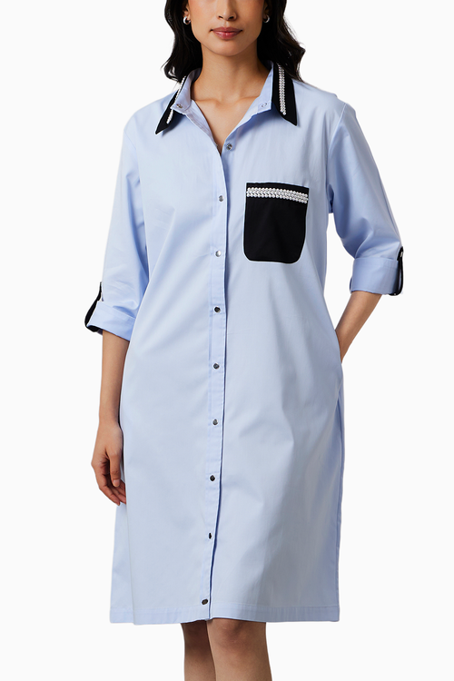 Skyblue Pearl Collar Pocket Shirt Dress