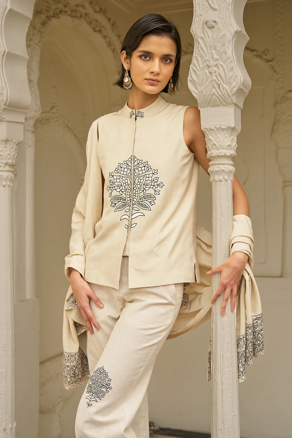 Beige Motif Pant Set With Shawl