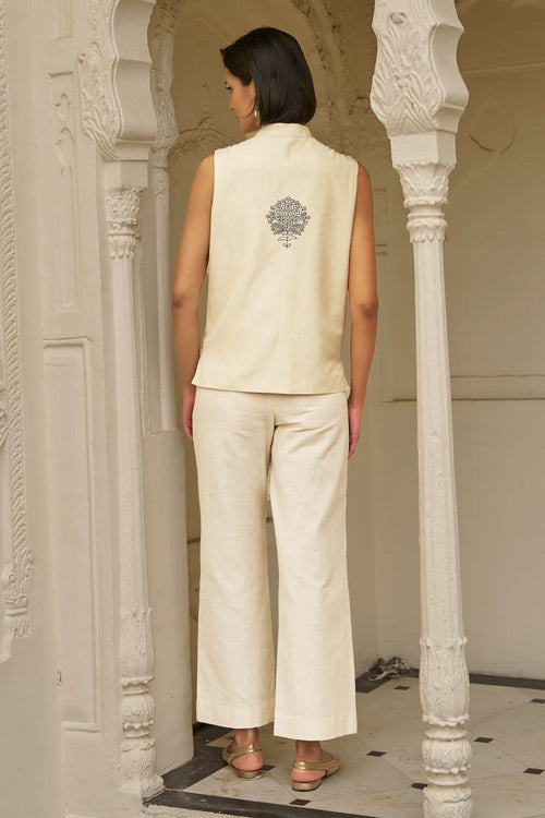 Beige Motif Pant Set With Shawl