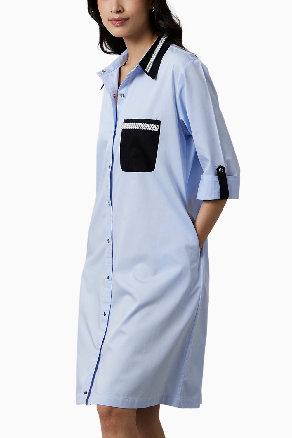 Skyblue Pearl Collar Pocket Shirt Dress