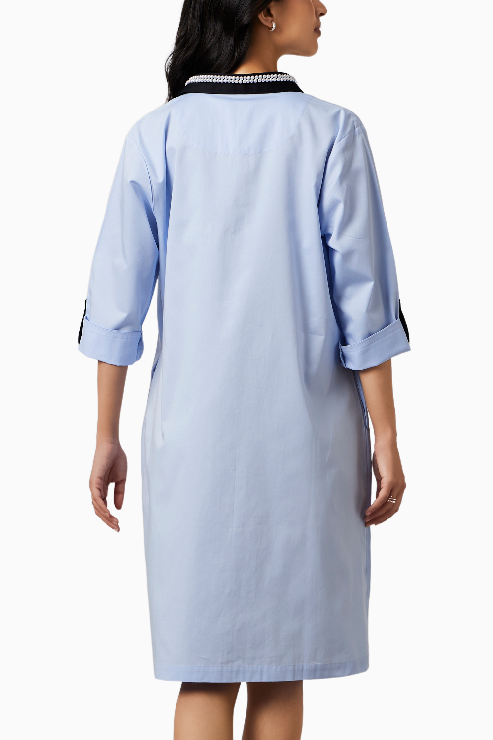 Skyblue Pearl Collar Pocket Shirt Dress