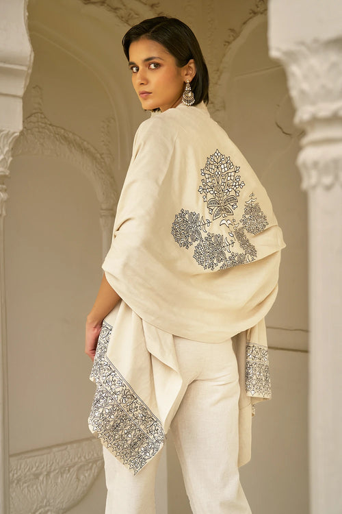 Beige Motif Pant Set With Shawl