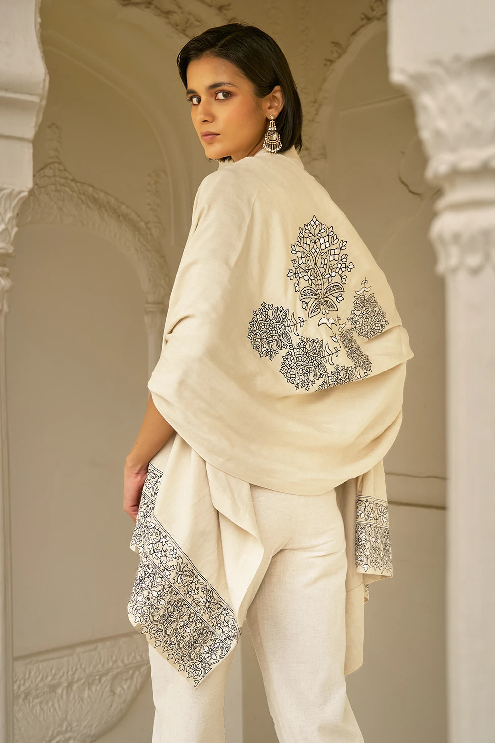 Beige Motif Pant Set With Shawl