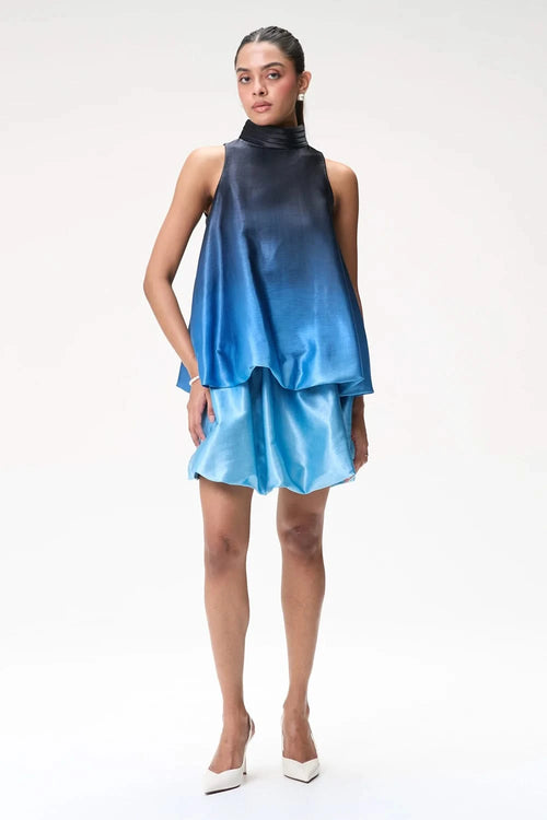 Midnight Blue Ombré Bubble Hem Halter Top with Mini Skirt