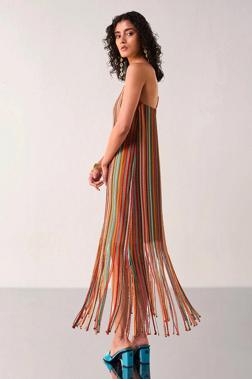 Halter Neck Fringe Knit Dress