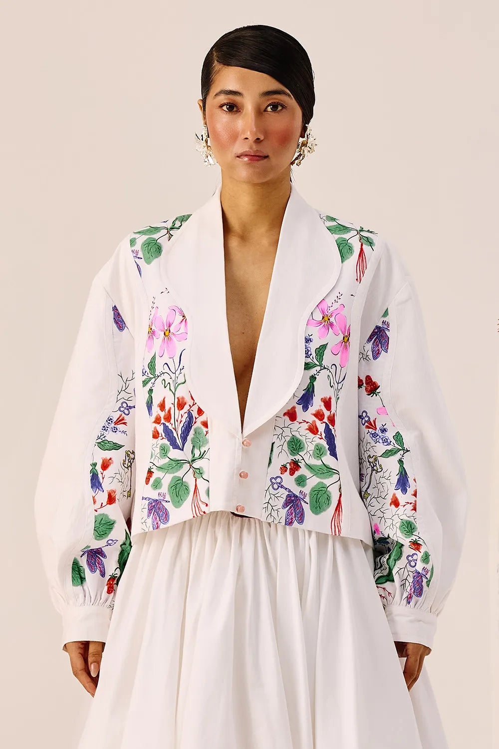 White Floral Printed Crop Jacket