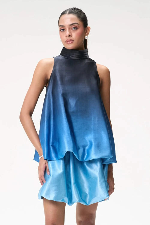 Midnight Blue Ombré Bubble Hem Halter Top with Mini Skirt