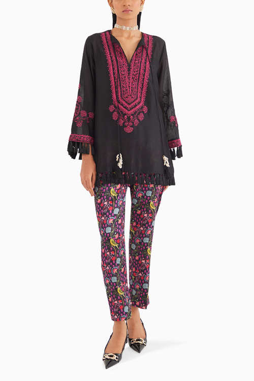 Black Silk Chanderi Embroidered kurta with Mashroo Parrot Print Pant