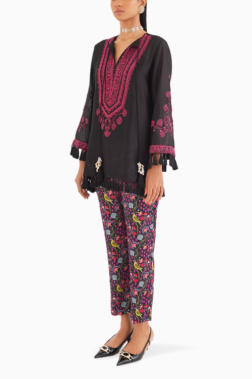 Black Silk Chanderi Embroidered kurta with Mashroo Parrot Print Pant