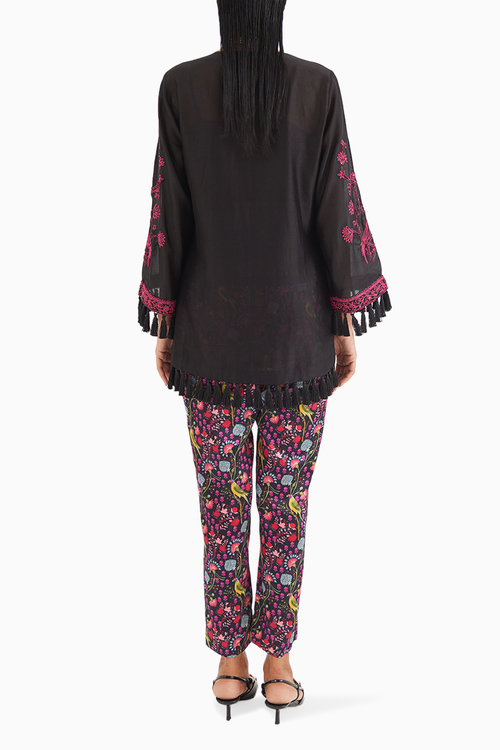 Black Silk Chanderi Embroidered kurta with Mashroo Parrot Print Pant
