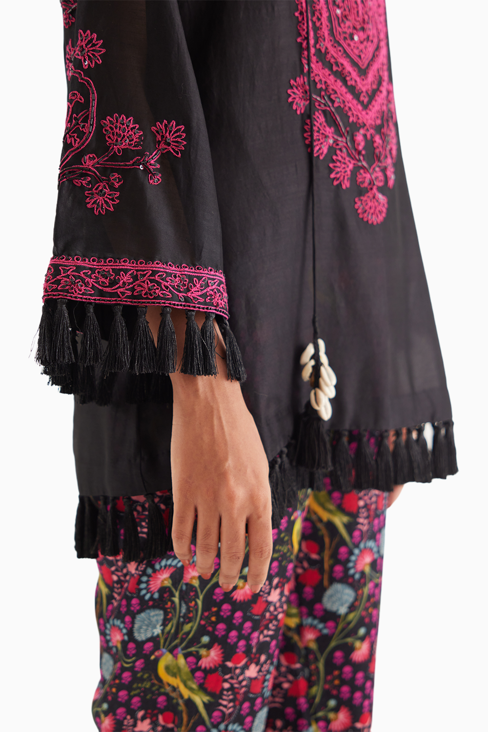 Black Silk Chanderi Embroidered kurta with Mashroo Parrot Print Pant
