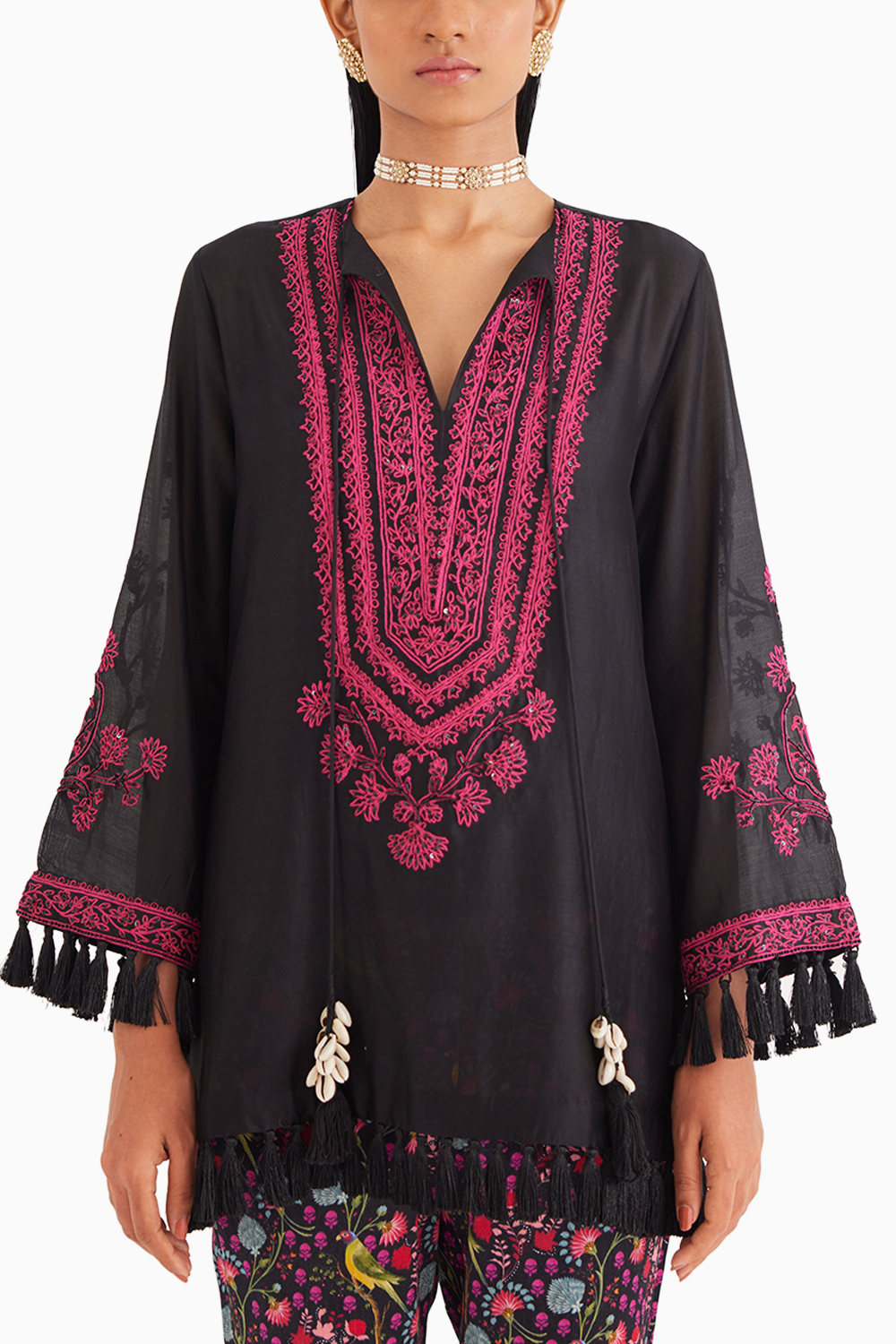 Black Silk Chanderi Embroidered kurta with Mashroo Parrot Print Pant