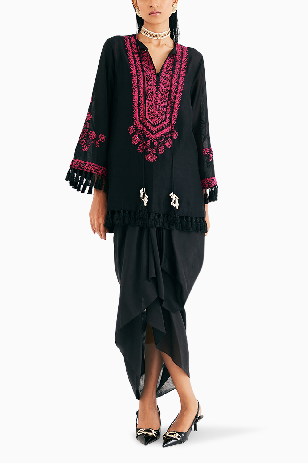 Black Silk Chanderi Embroidered Kurta And Drape Skirt Set