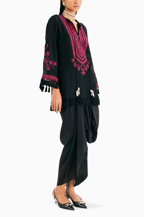 Black Silk Chanderi Embroidered Kurta And Drape Skirt Set
