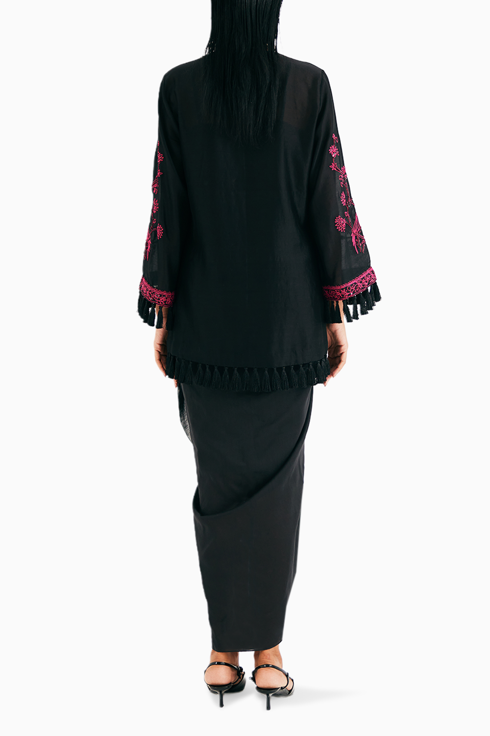 Black Silk Chanderi Embroidered Kurta And Drape Skirt Set