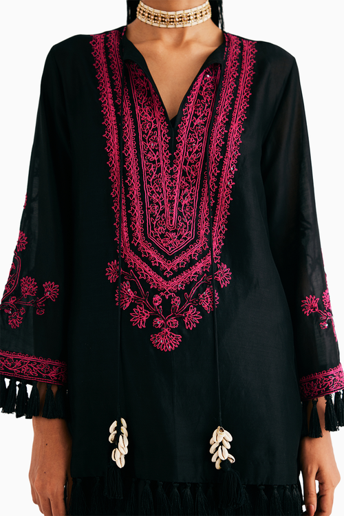 Black Silk Chanderi Embroidered Kurta And Drape Skirt Set