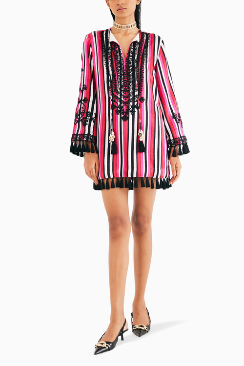 Rani pink Stripe Mashroo Satin Embroidered Tunic