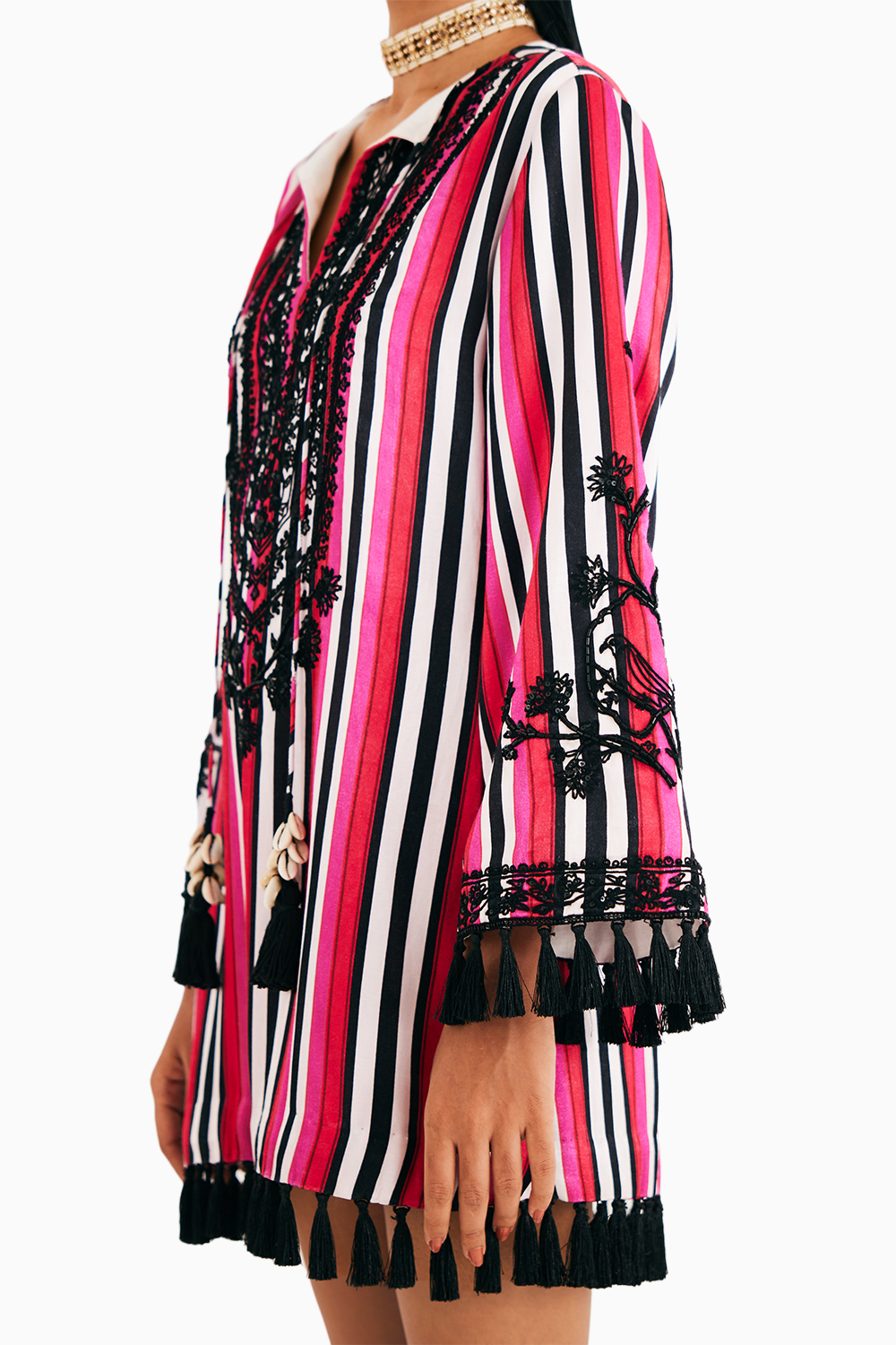 Rani pink Stripe Mashroo Satin Embroidered Tunic