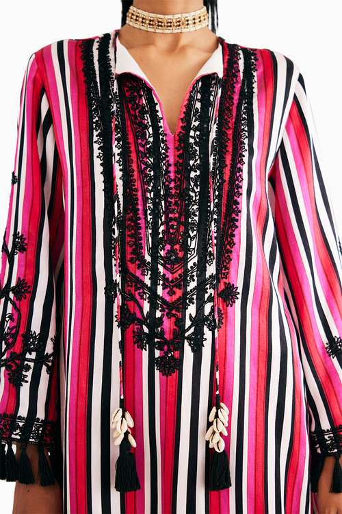 Rani Pink Stripe Embroidered Tunic and Black Silk Velvet Narrow Pants